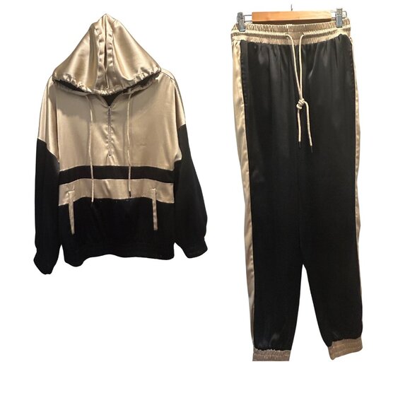 2 Piece Satin Colorblock Tracksuit -Black & Champagne -Sz Small - Picture 1 of 7